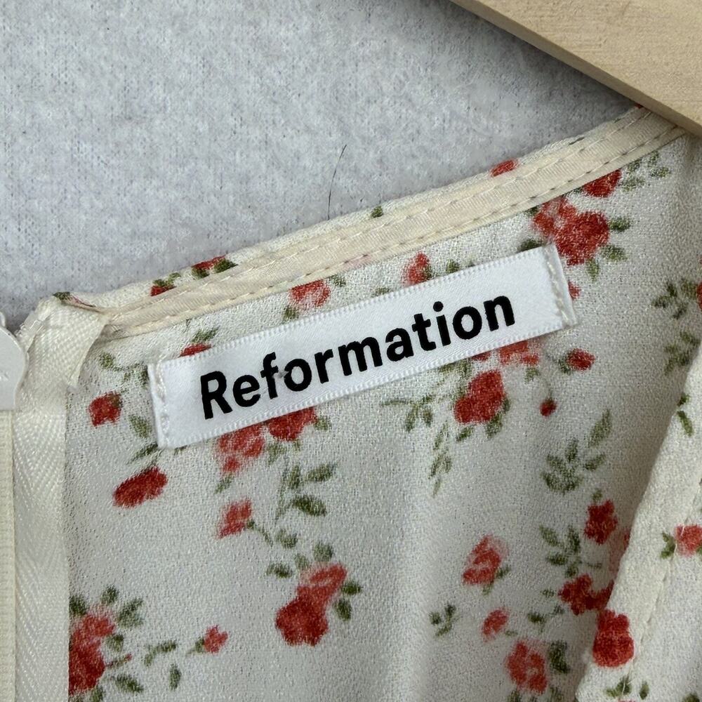 REFORMATION Dress 6 Marina Floral Print Mini Deep V-Neck Puff Sleeve Off White - Picture 5 of 11